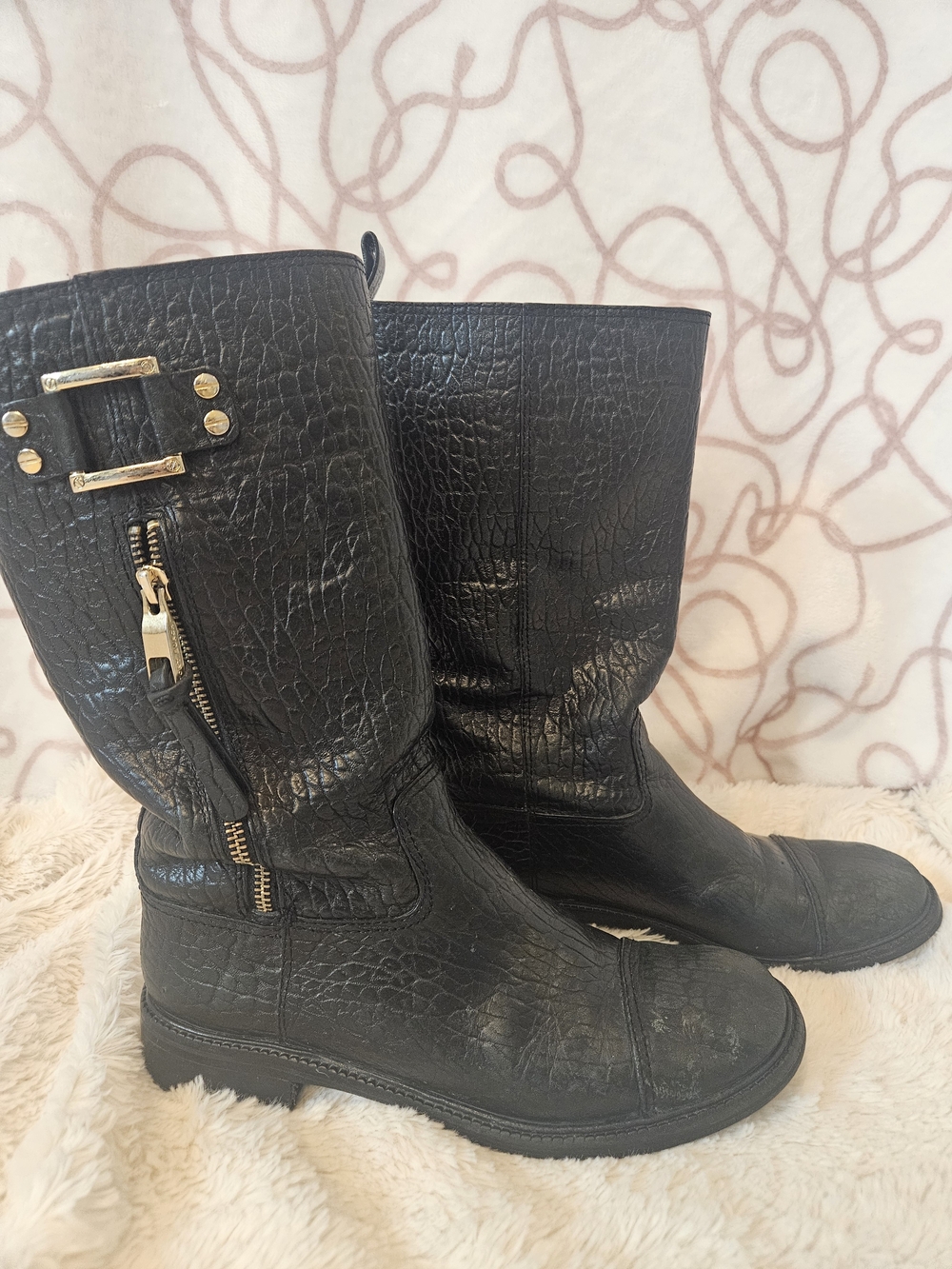 Tory Burch Black Textured Boots Gold Buckle Zip Mid Calf Biker Boots Size 8.5